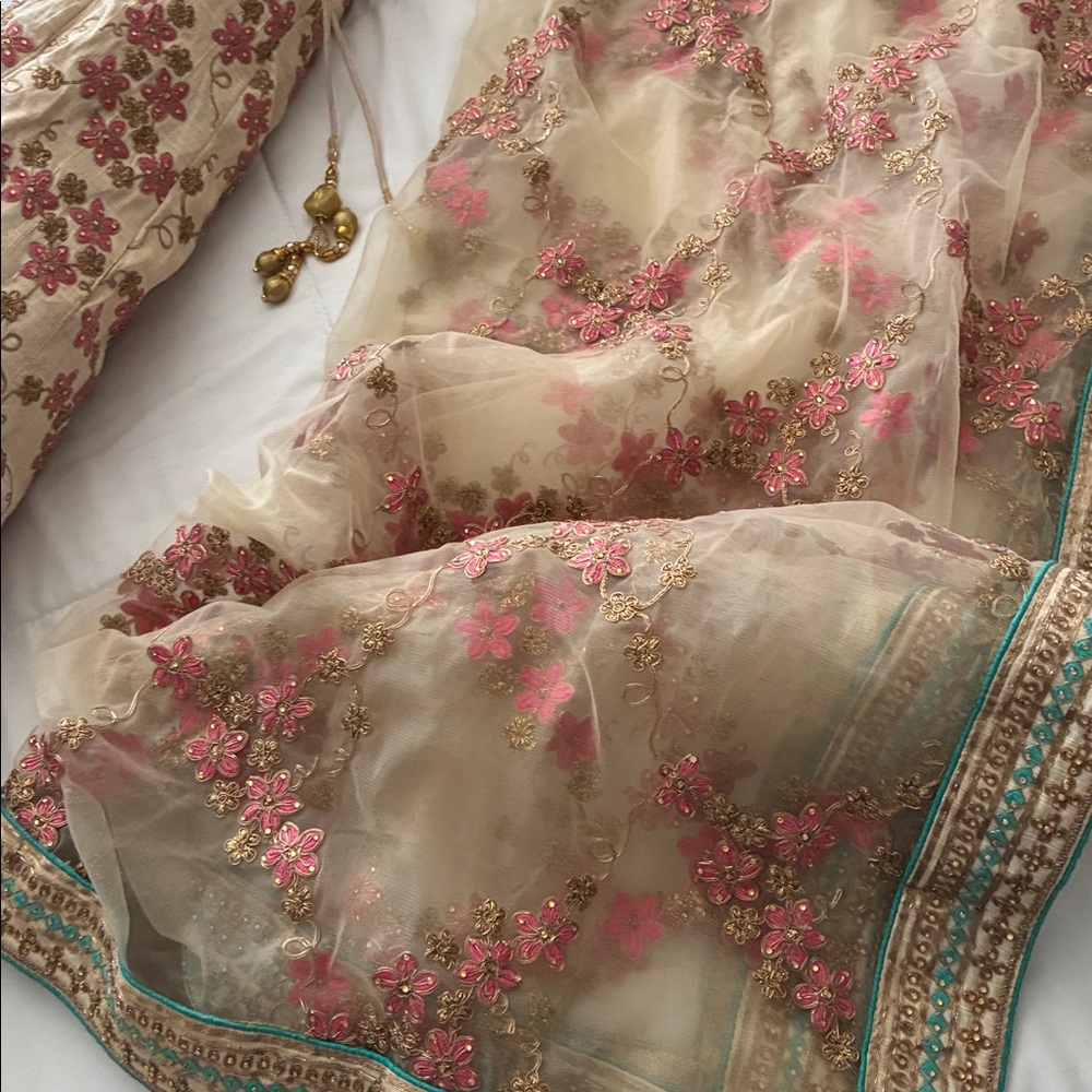 Lehenga Beautiful two piece cream with gold, teal, and pink with Dupatta. - Picture 6 of 7